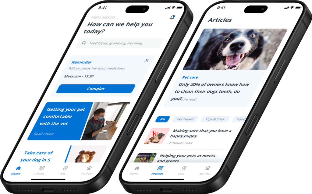Elanco pet care app screens showing help and articles for proactive pet care