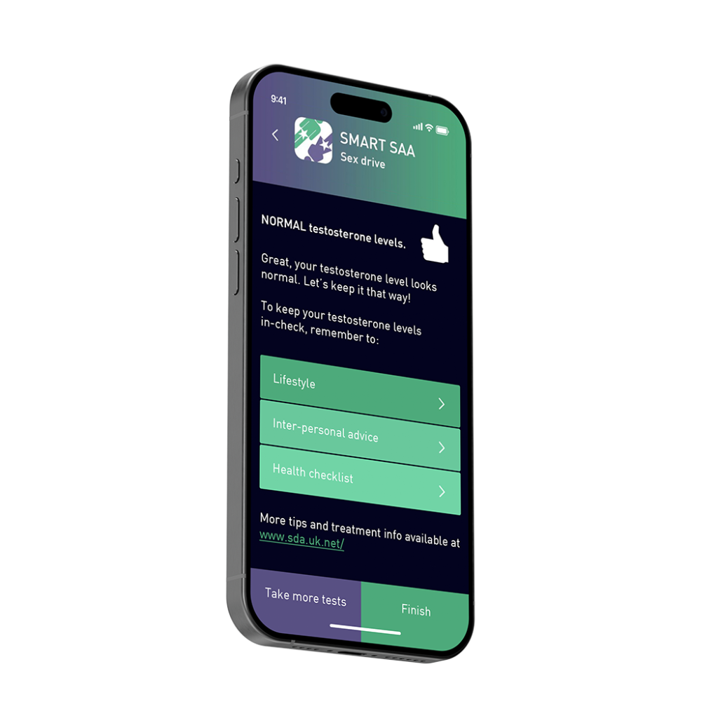 Smartphone displaying a testosterone level checker app with green buttons for advice.