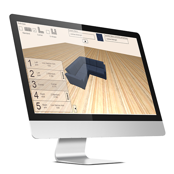 Computer screen displaying 3D sofa design software interface.