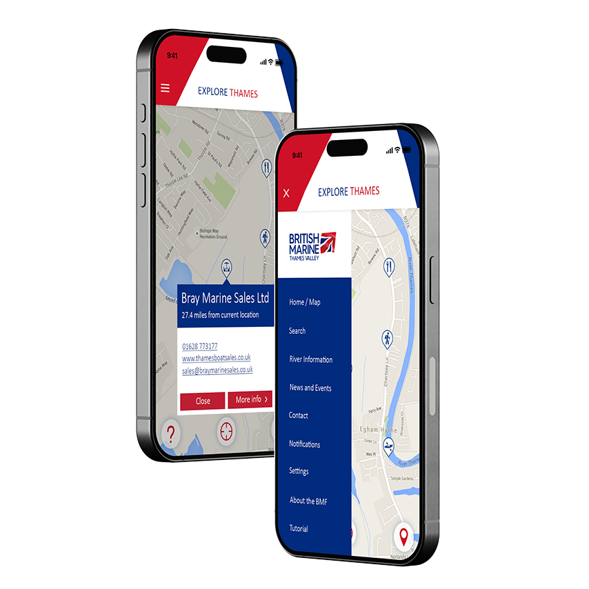 Mobile app showing British Marine maps and services menu on smartphones.