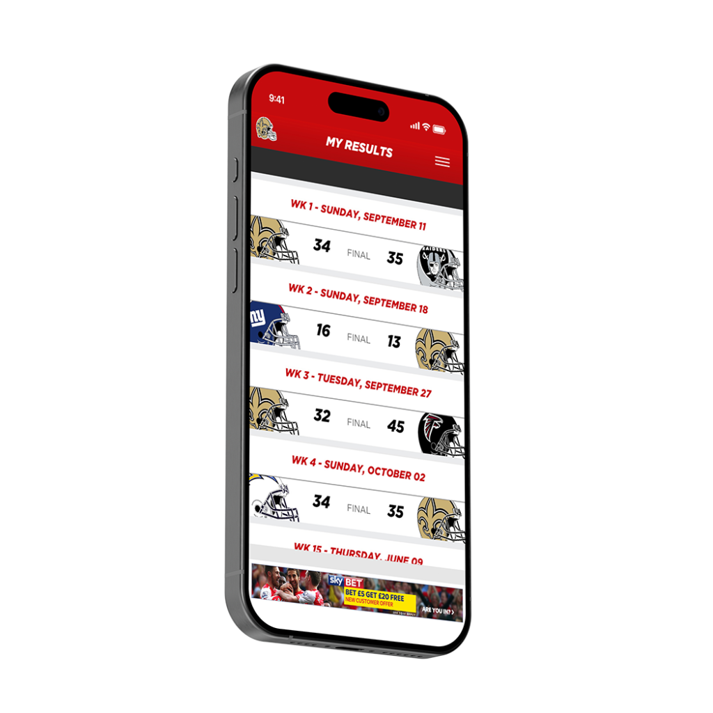 Smartphone displaying sports scores in a results app interface.