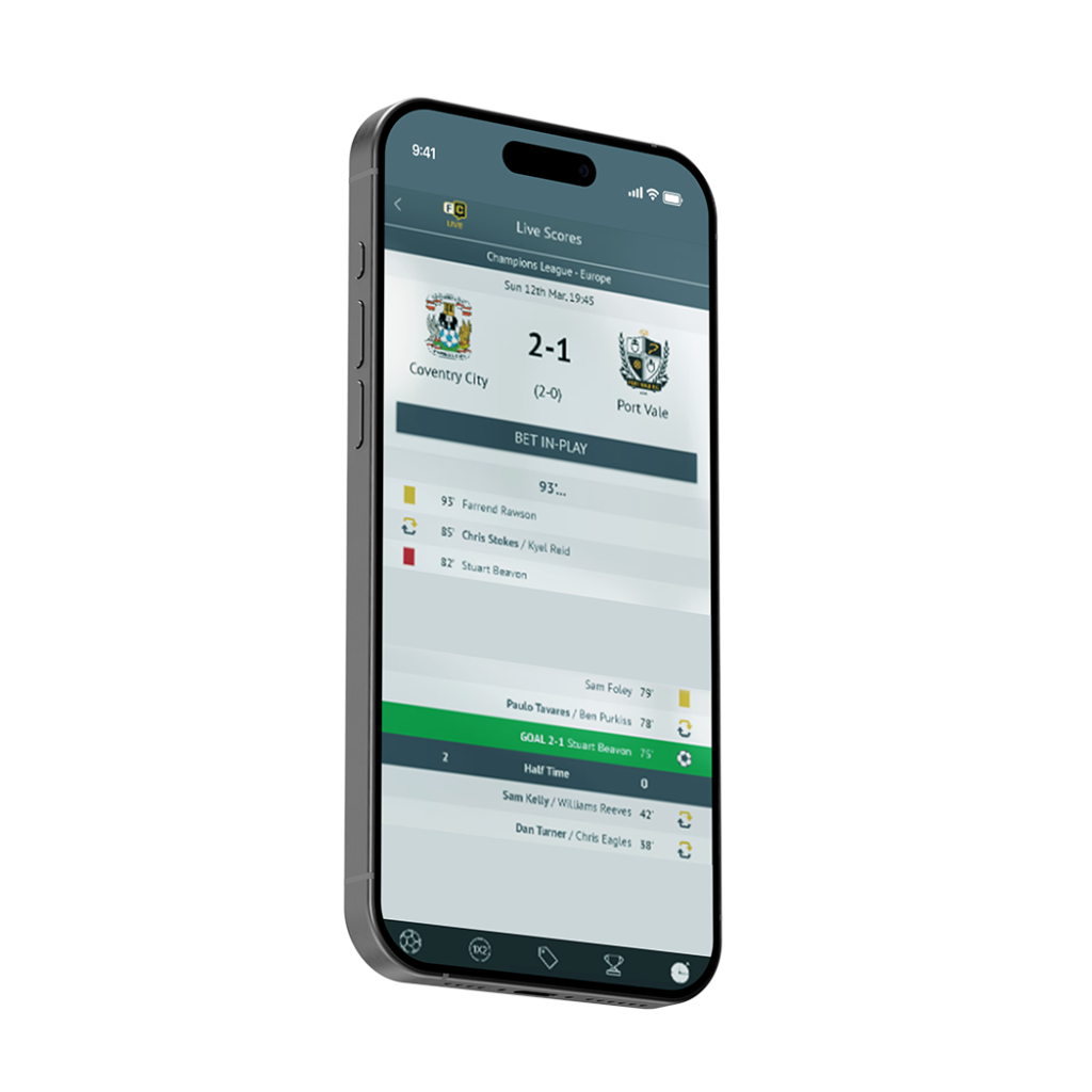 Mobile screen showing live football match score, Coventry City 2-1 Port Vale.