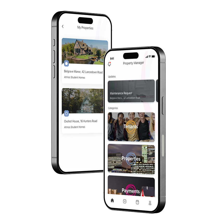 Mobile app showing property management features and listings.