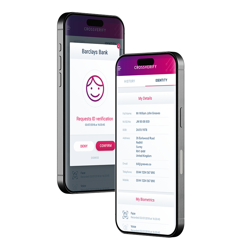 Mobile app screens showing ID verification request and user details.