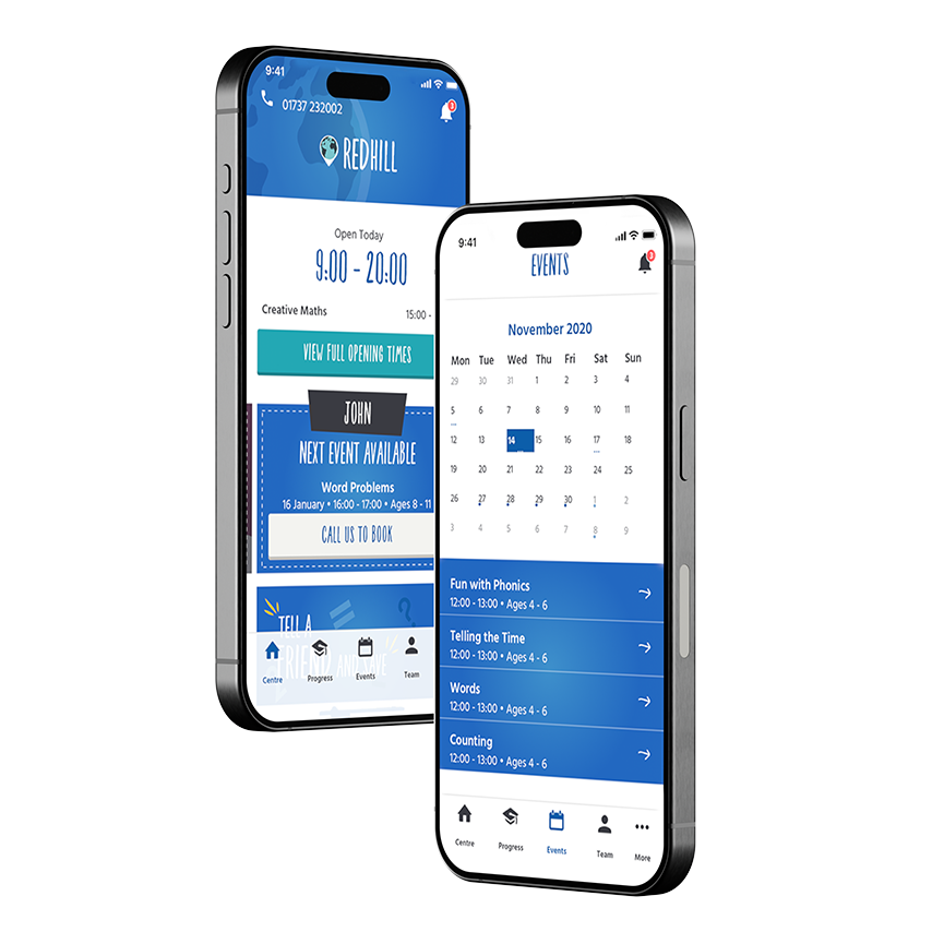 Dual smartphone screens displaying event booking app interface.