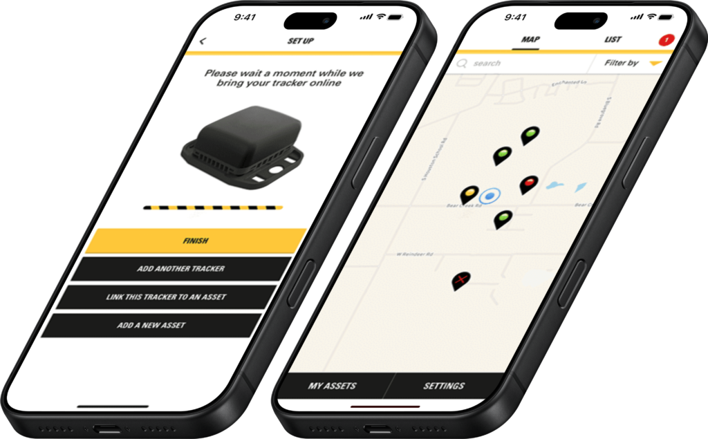 Caterpillar app screens for tracker setup and an asset map of a construction site