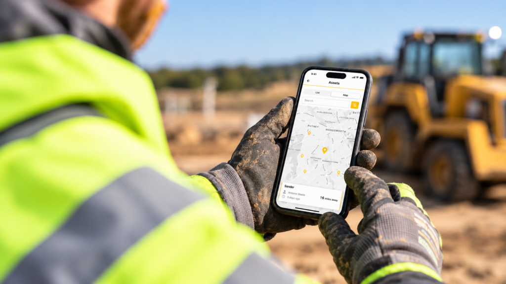 Construction worker using the Caterpillar asset tracking app on site, one of Sonin's client projects