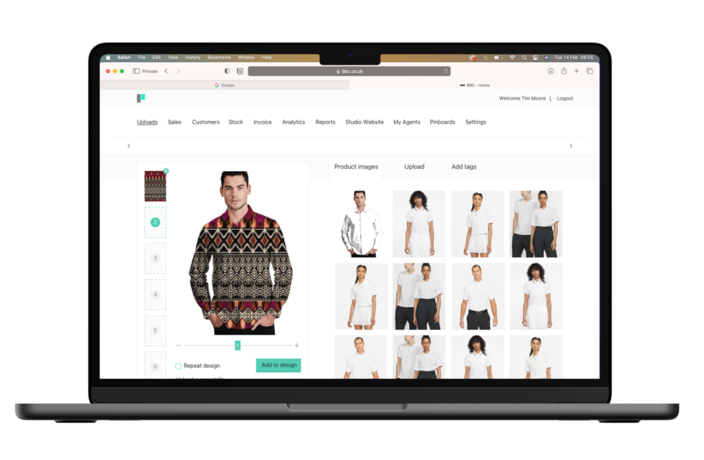 Laptop displaying clothing design software interface.
