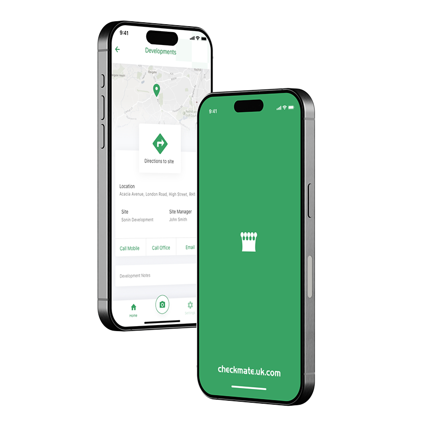 Construction app interface with site map and contact options on smartphones.