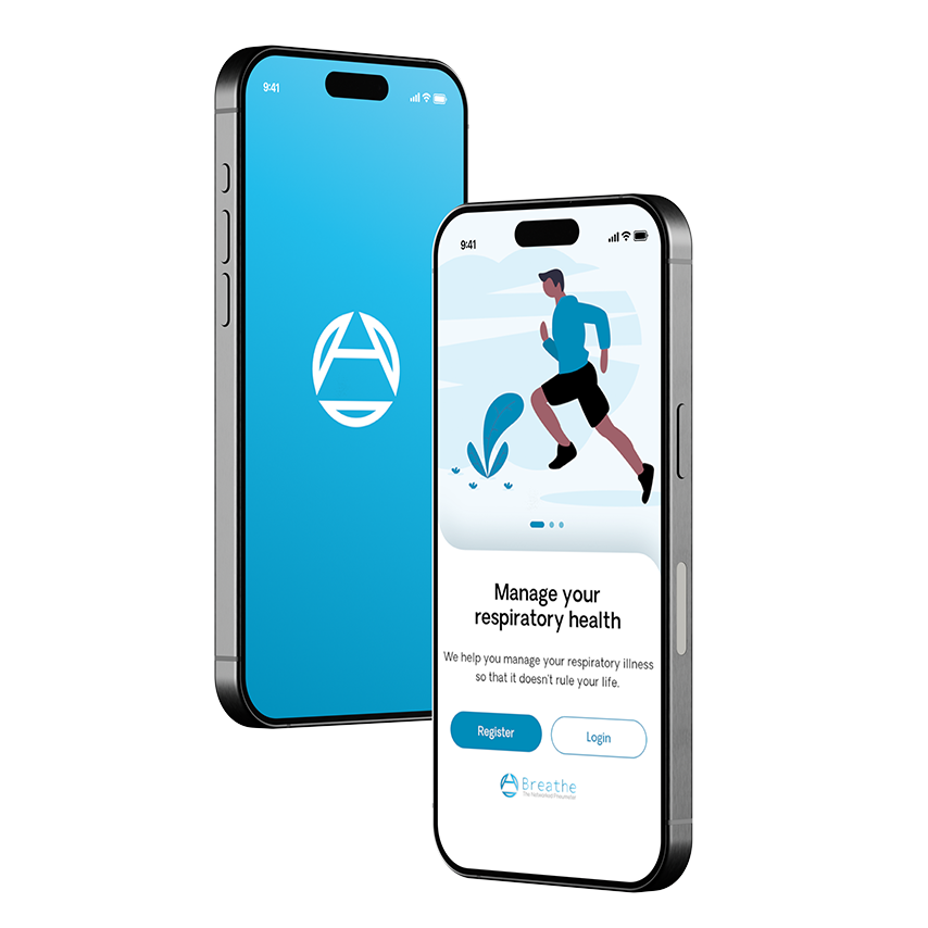 Respiratory health app interface on smartphone screens.