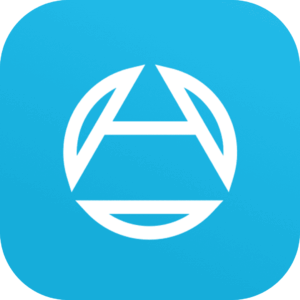 Blue background with a white geometric logo centered.