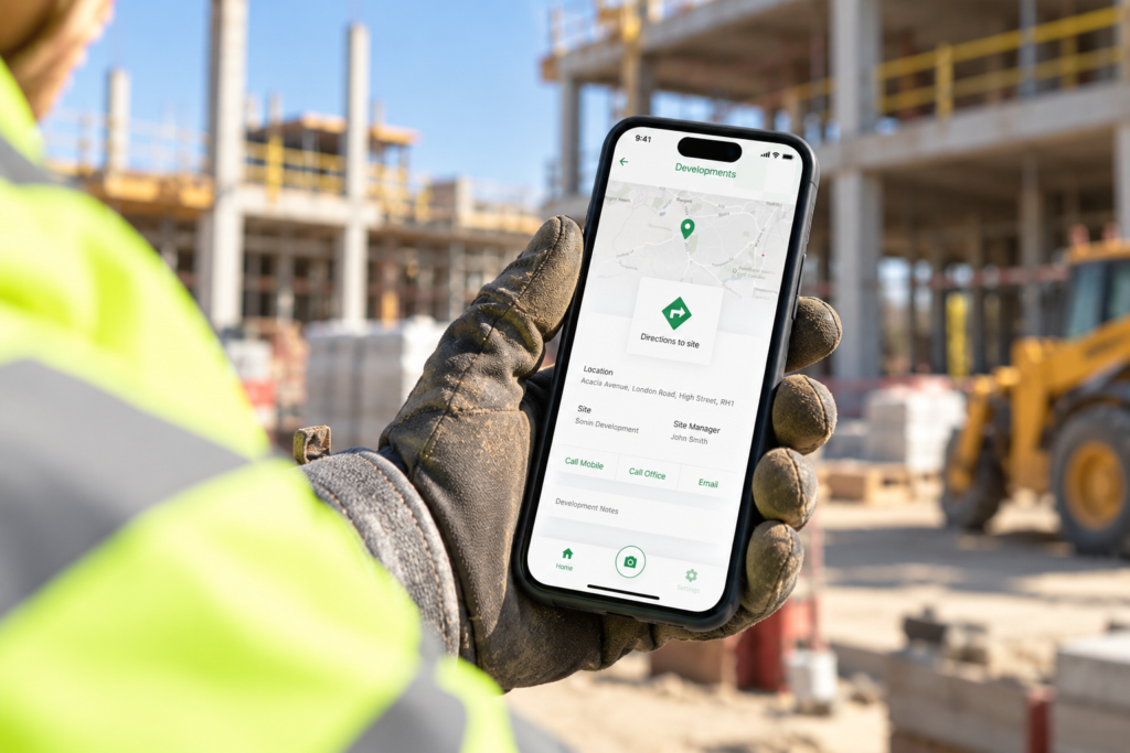 Construction worker using a mobile app on site, an example of service design for frontline teams
