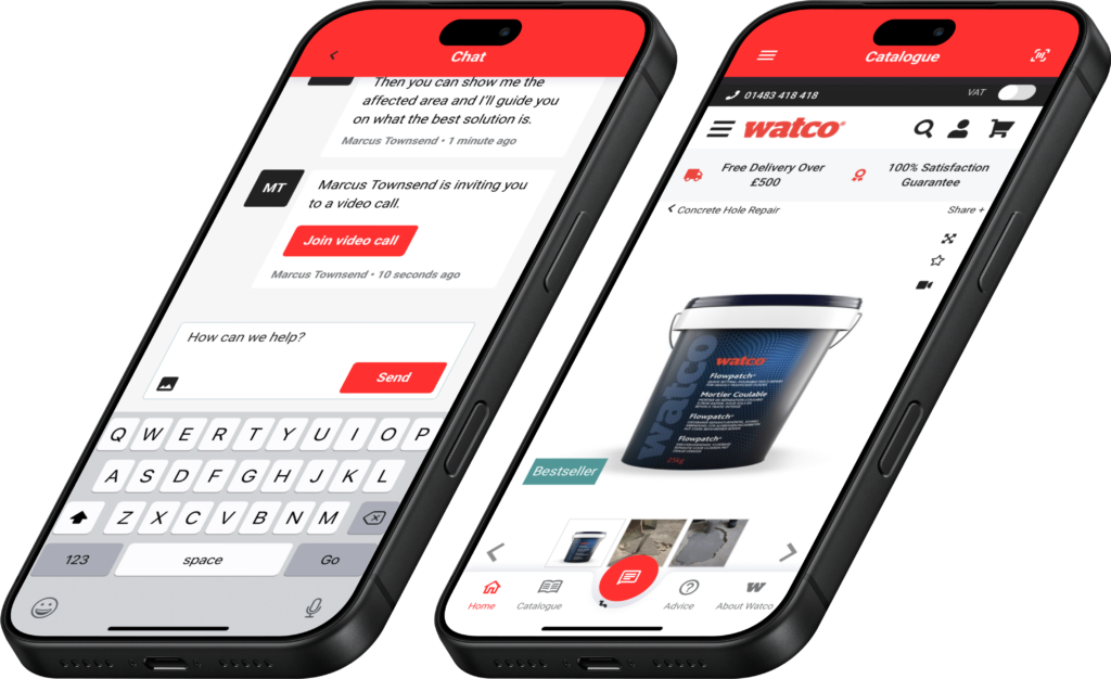 Watco B2B ordering app screens showing video support and the product catalogue