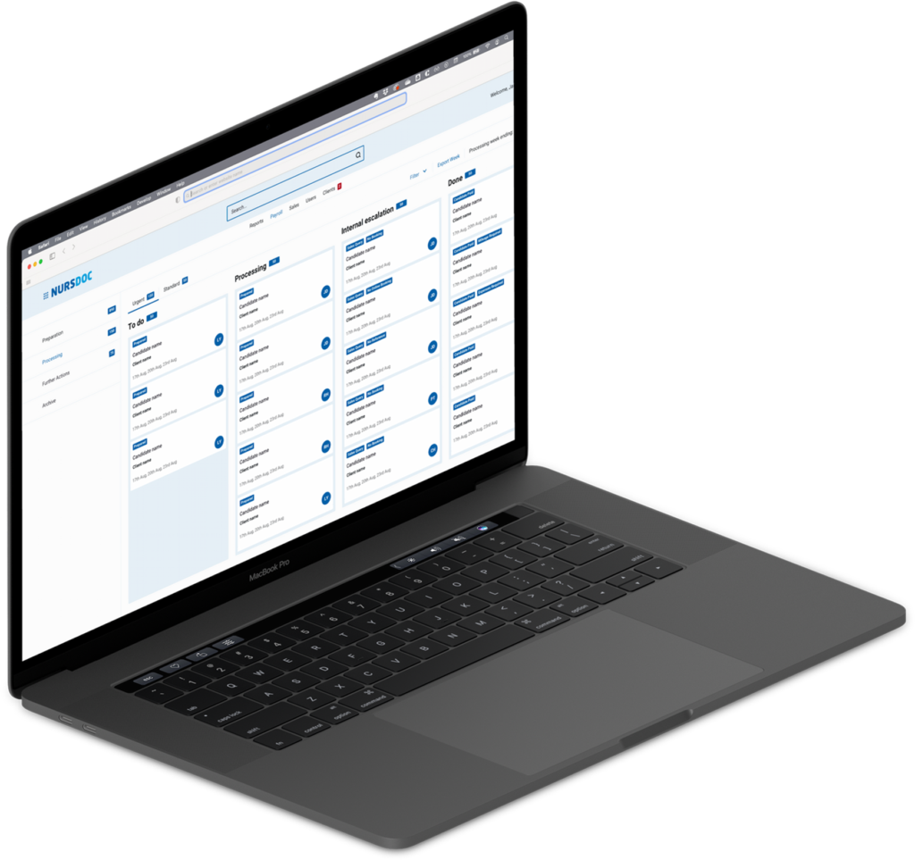 Nursdoc platform on a laptop, used to speed up timesheet processing
