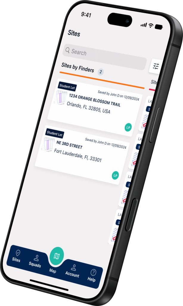 LandTech app site list screen, bringing site discovery into one solution