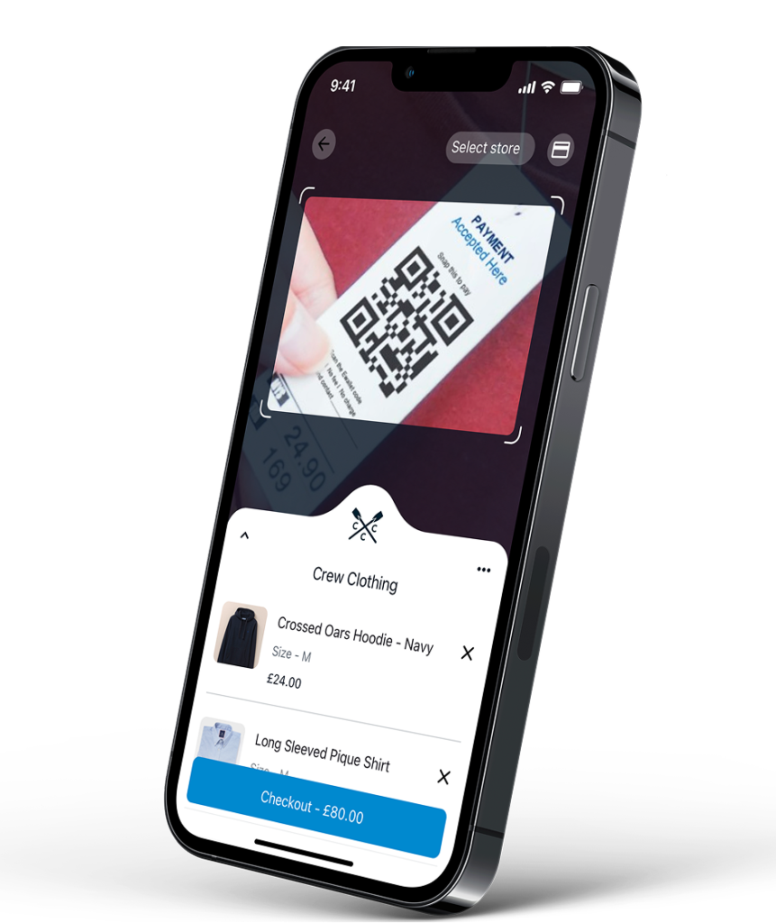 JusTapIt mobile-first checkout app showing a QR code and in-store basket