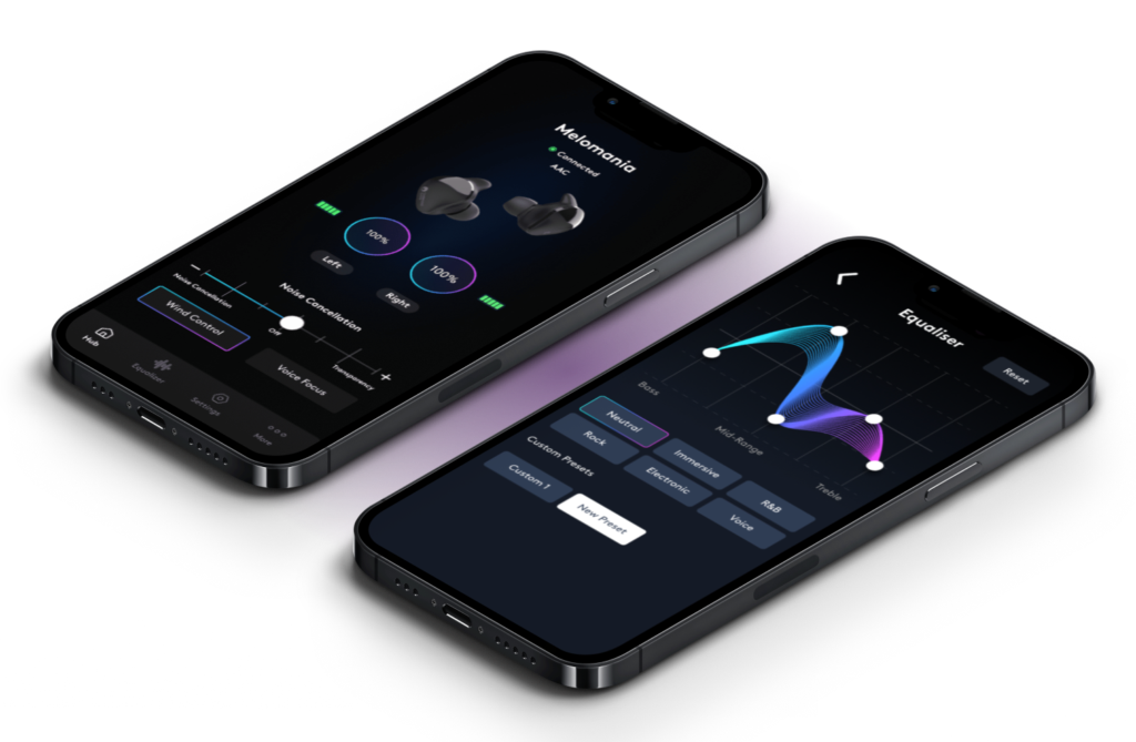 Smartphone audio app showing equalizer and noise control settings.