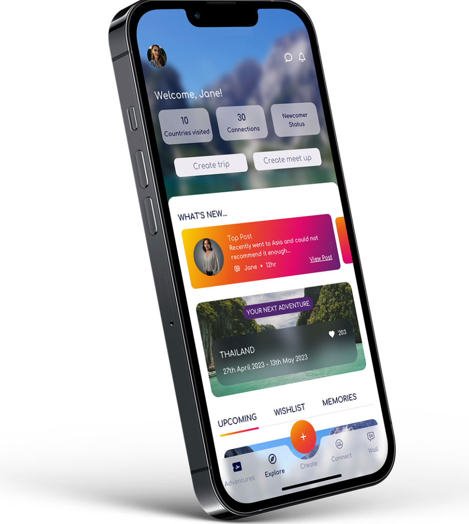 TravelHers app home screen showing upcoming trips for women travelling safely worldwide