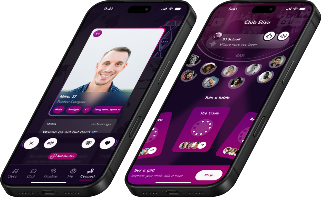 Clubr membership app screens showing member profiles and virtual club tables for making connections