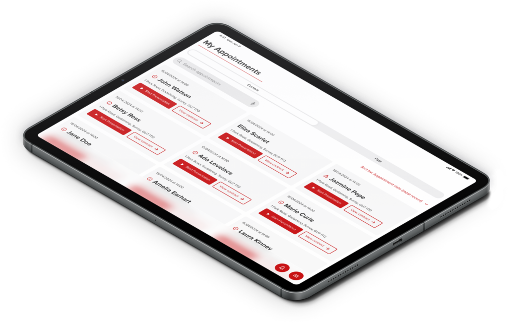 Connells Group sales platform appointments screen on an iPad, used across 1 in 10 UK home sales