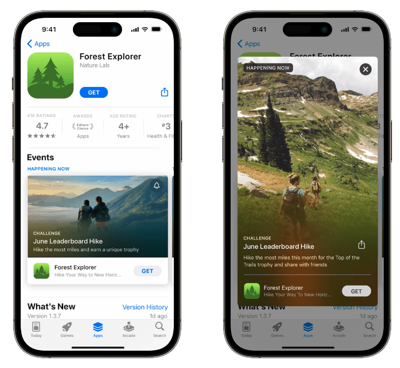 App Store in-app event listing shown on two phones