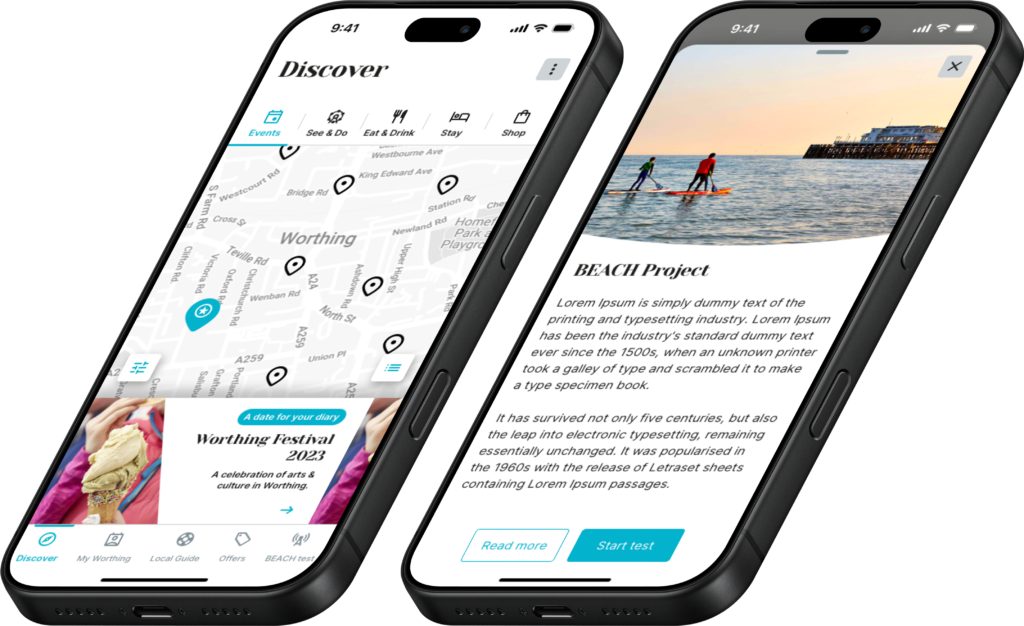 MyWorthing app screens showing the local discovery map and the BEACH Project's community connectivity