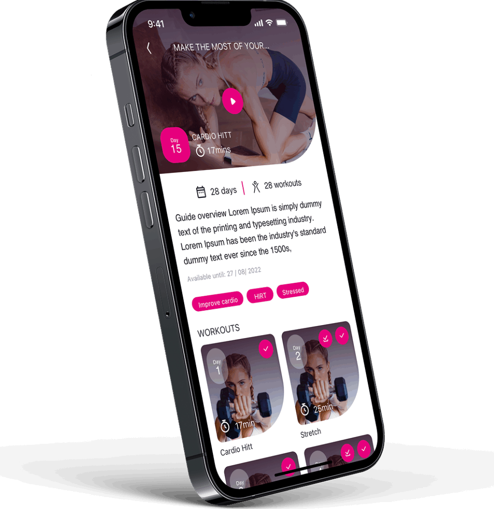 Smartphone displaying a fitness app interface with cardio workouts.