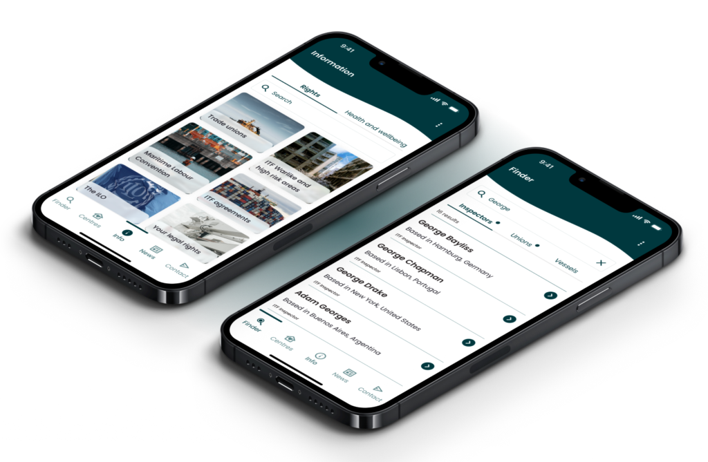 ITF Seafarers app screens giving seafarers global support