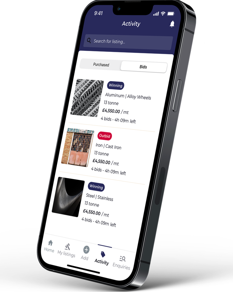 ScrapBays app activity screen showing scrap metal listings