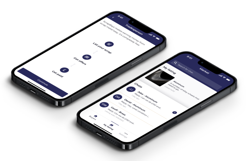 ScrapBays app screens for buying and selling scrap metal