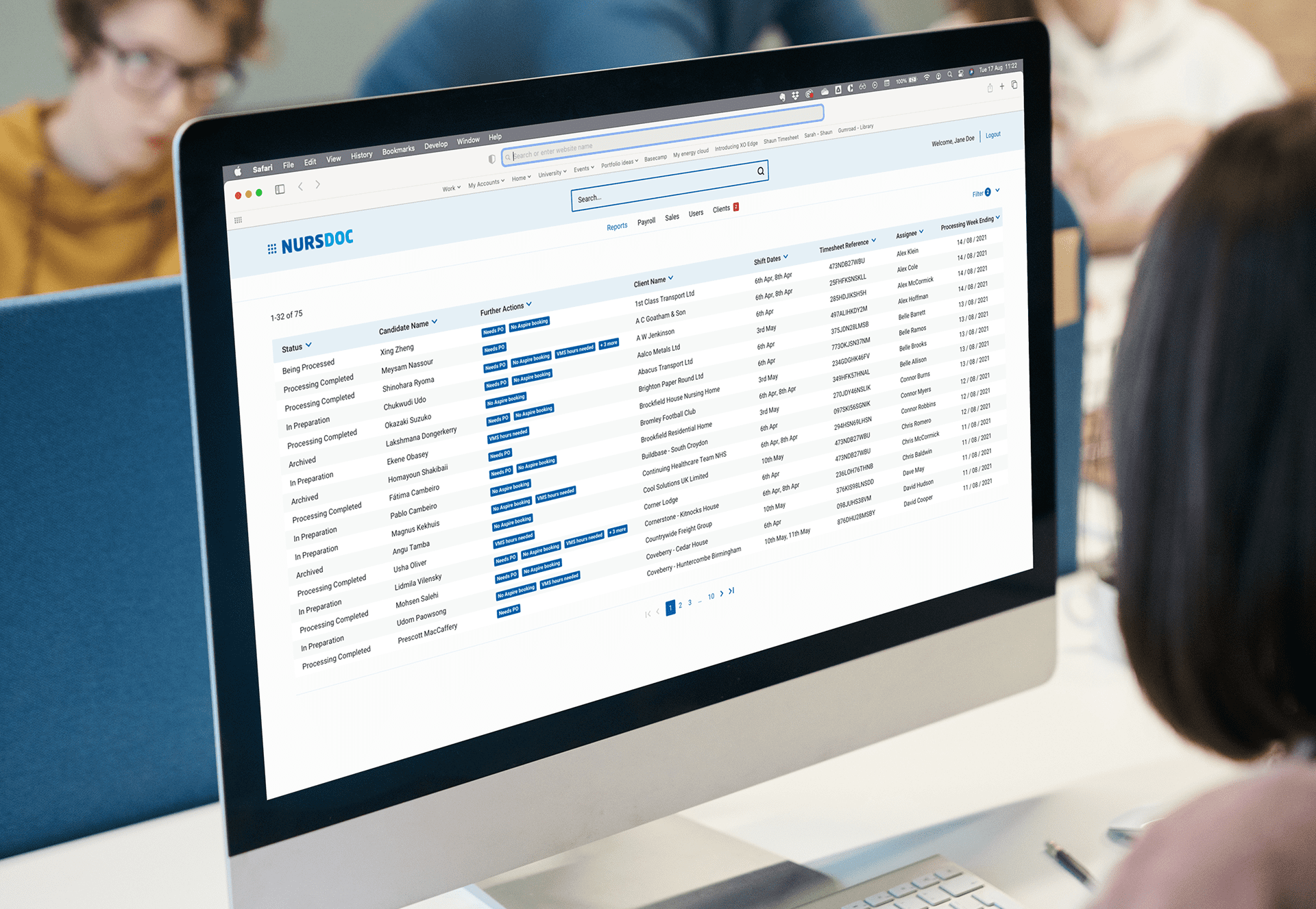 Nursdoc healthcare staffing timesheet dashboard on desktop in office
