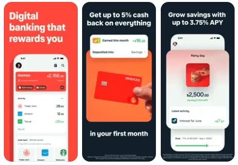 Monzo app screenshots, one of four challenger banks finance can learn from
