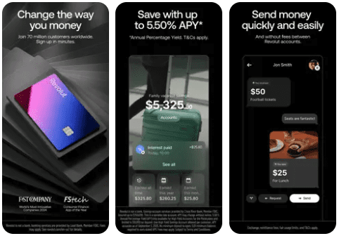 Revolut app screenshots showing cards, savings and payments from a challenger bank