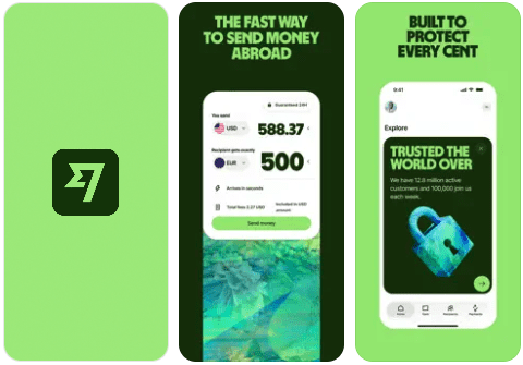 Wise app screenshots for sending money abroad, a challenger bank example