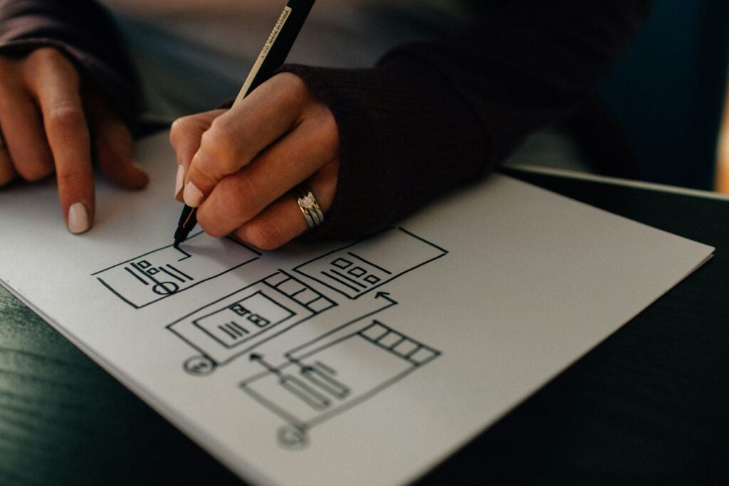 A hand sketching a wireframe UI layout on paper with a black pen