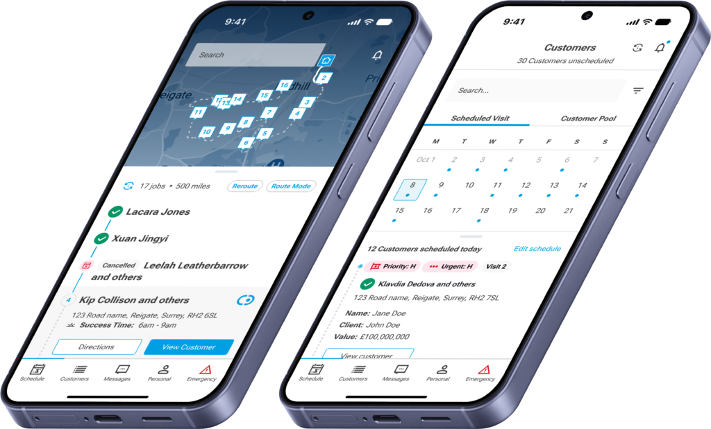 CDER Group field agent app showing customer map and visit schedule for 2.3 million field visits a year