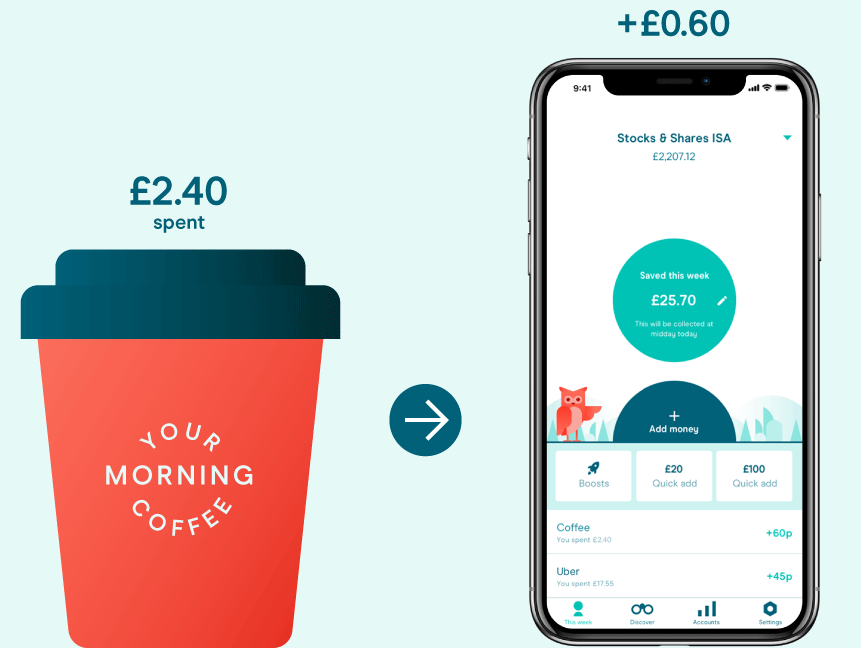 Moneybox rounding up a £2.40 coffee and saving the 60p spare change