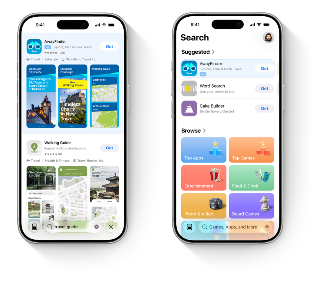 App Store search results showing blended ads on two phones