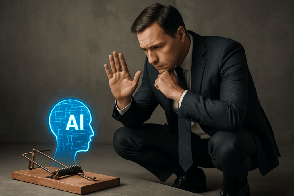Businessman eyeing an AI icon on a mousetrap, illustrating the AI trap