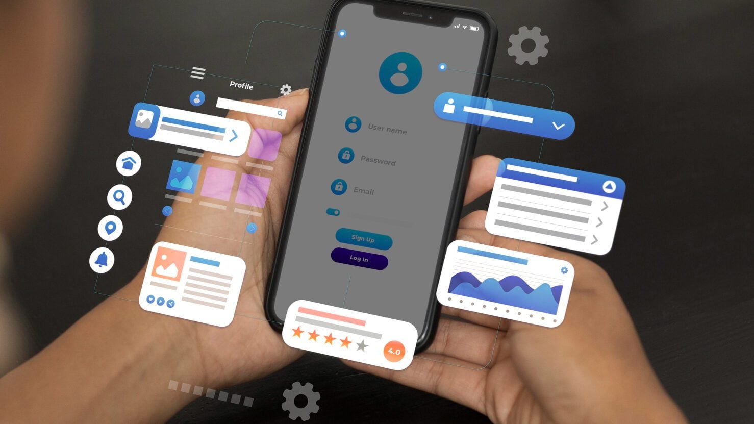 Hands holding a phone with app elements around it, illustrating customer loyalty in digital products