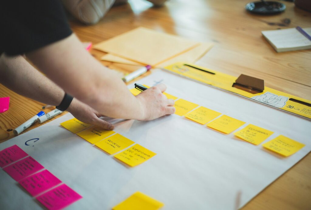 Team planning with sticky notes, defining the roles a digital product needs to succeed