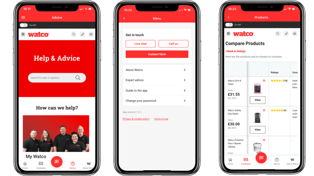 Watco app screens showing help, support and product comparison that define its value
