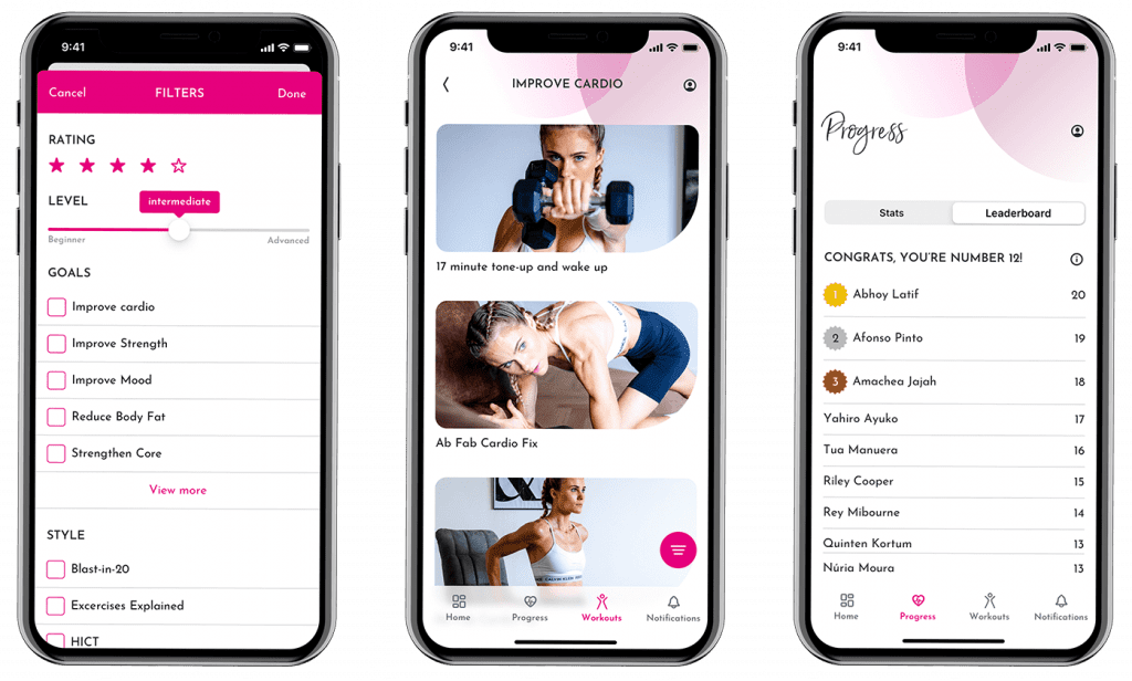 Belle Hutt fitness app screens, an example of Sonin's values in a client product