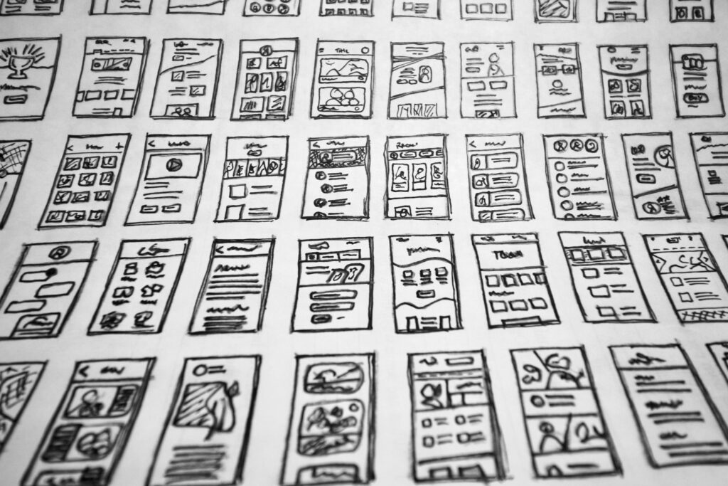 Hand-drawn app wireframes, planning when to add voice UI to an app